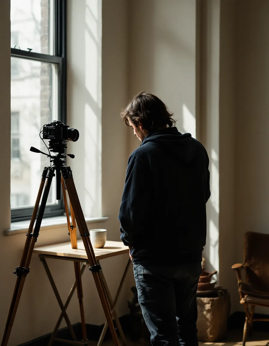From behind, a photographer at a tripod aimed at a single hand-thrown mug on a card table by a window
