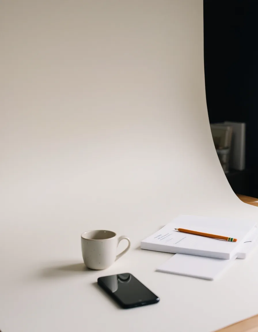 A paper sweep on the studio light table at morning, with a waiting stoneware cup, foam boards and a handwritten shot list