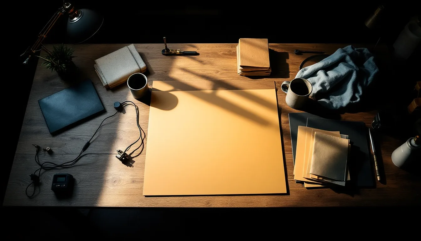 A styling table set with a paper sweep, a speckled stoneware bowl, linen swatches and slate tiles, lit by one shaft of window light