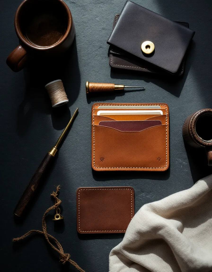 Veg-tan leather wallets and card holders with stitching tools on dark slate under a narrow band of light
